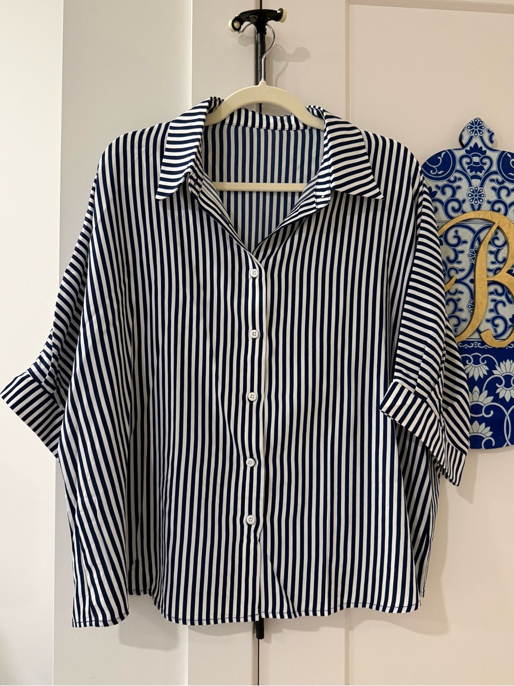 Navy and White Stripe Button-Up Short Sleeve Shirt